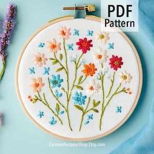 Hand Embroidery Pattern PDF, Wildflower Embroidery Design with Colorful Meadow Flowers, Botanical Hoop Art for Beginners, Instant Download