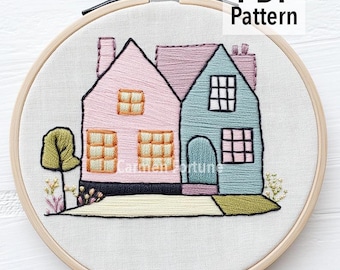 Hand Embroidery Pattern PDF, Colorful House Embroidery Design, Modern Cottage Home Hoop Art, DIY Needlework for Beginners, Instant Download