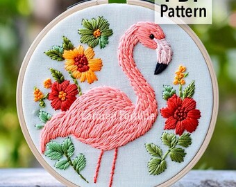 Flamingo Hand Embroidery Pattern PDF, Summer Tropical Flowers Embroidery Design, DIY Hoop Art for Beginners, Instant Download