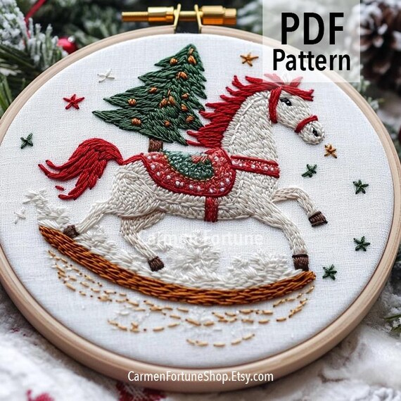 クリスマスロッキングホース刺繍パターン：ホリデーフープアート（PDF