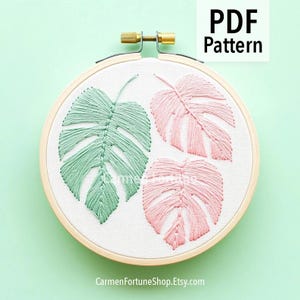Simple Hand Embroidery Pattern, Tropical Monstera Leaves Embroidery Design, Modern Botanical DIY Hoop Art for Beginners, Instant Download