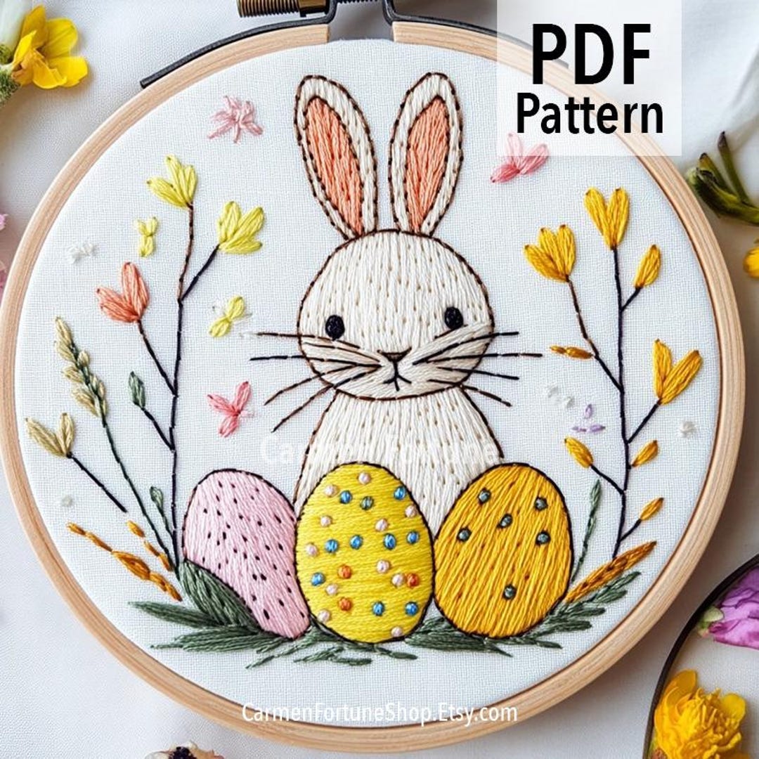 Easter Bunny Hand Embroidery Pattern PDF, Cute Rabbit With Eggs and ...