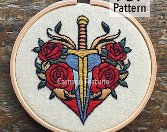 Hand Embroidery Pattern PDF, Heart with Sword and Roses Embroidery Design, Gothic Tattoo Style Hoop Art, DIY Embroidery, Instant Download