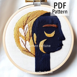 Hand Embroidery Pattern PDF, Minimalist Line Art Face Embroidery Design, Abstract Modern Hoop Art with Leaves, DIY Pattern Instant Download