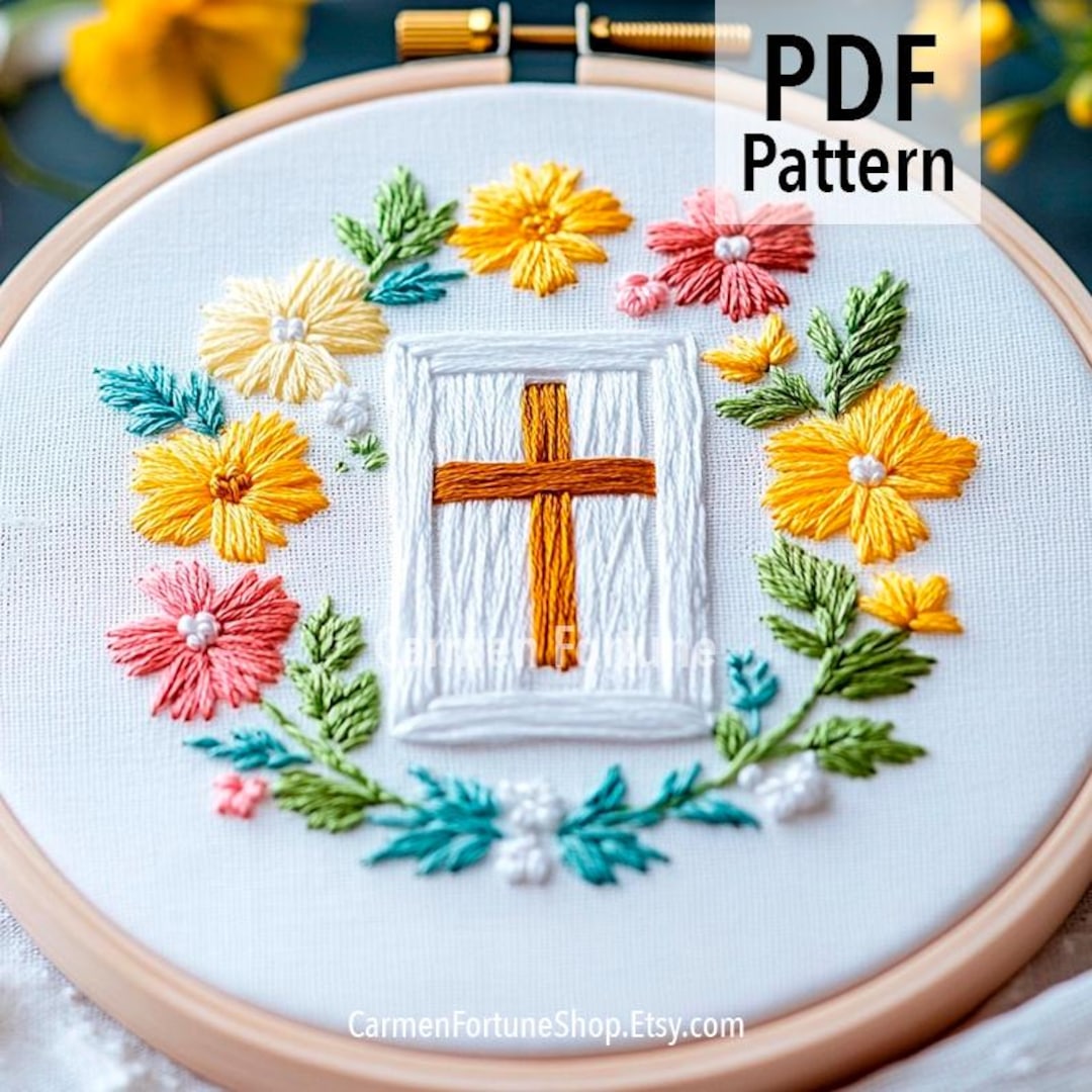 Cross Hand Embroidery Pattern PDF, Christian Hoop Art With Flowers, DIY ...