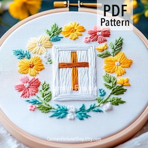 Cross Hand Embroidery Pattern PDF, Christian Hoop Art with Flowers, DIY Religious Embroidery for Beginners, Instant Download