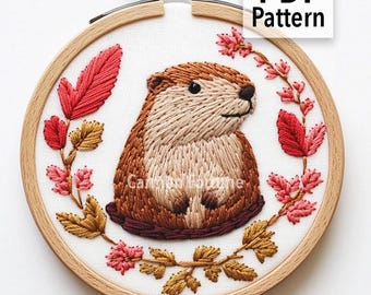 Marmot Hand Embroidery Pattern PDF, Woodland Animal Embroidery Design with Autumn Leaves, DIY Hoop Art for Beginners, Instant Download