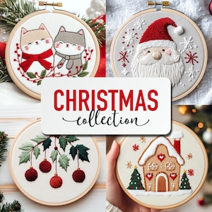 Könnte beinhalten: Eine Sammlung gestickter Weihnachtsschmuckstücke in Holzreifen. Designs umfassen zwei Katzen mit roten Schleifen, den Weihnachtsmann, hängende Ornamente und ein Lebkuchenhaus. Der Text "CHRISTMAS collection" wird in der Mitte angezeigt.