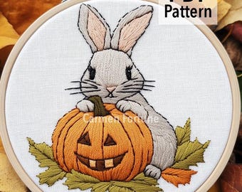 Hand Embroidery Pattern PDF, Halloween Pumpkin and Rabbit Embroidery Design, DIY Spooky Hoop Art for Beginners, Instant Download