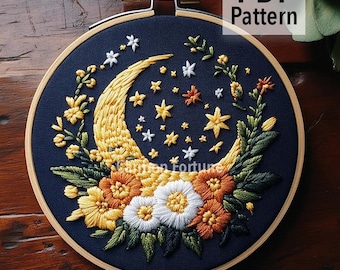Hand Embroidery Pattern PDF, Crescent Moon with Flowers, Celestial Floral Embroidery Design, DIY Hoop Art For Beginners, Instant Download