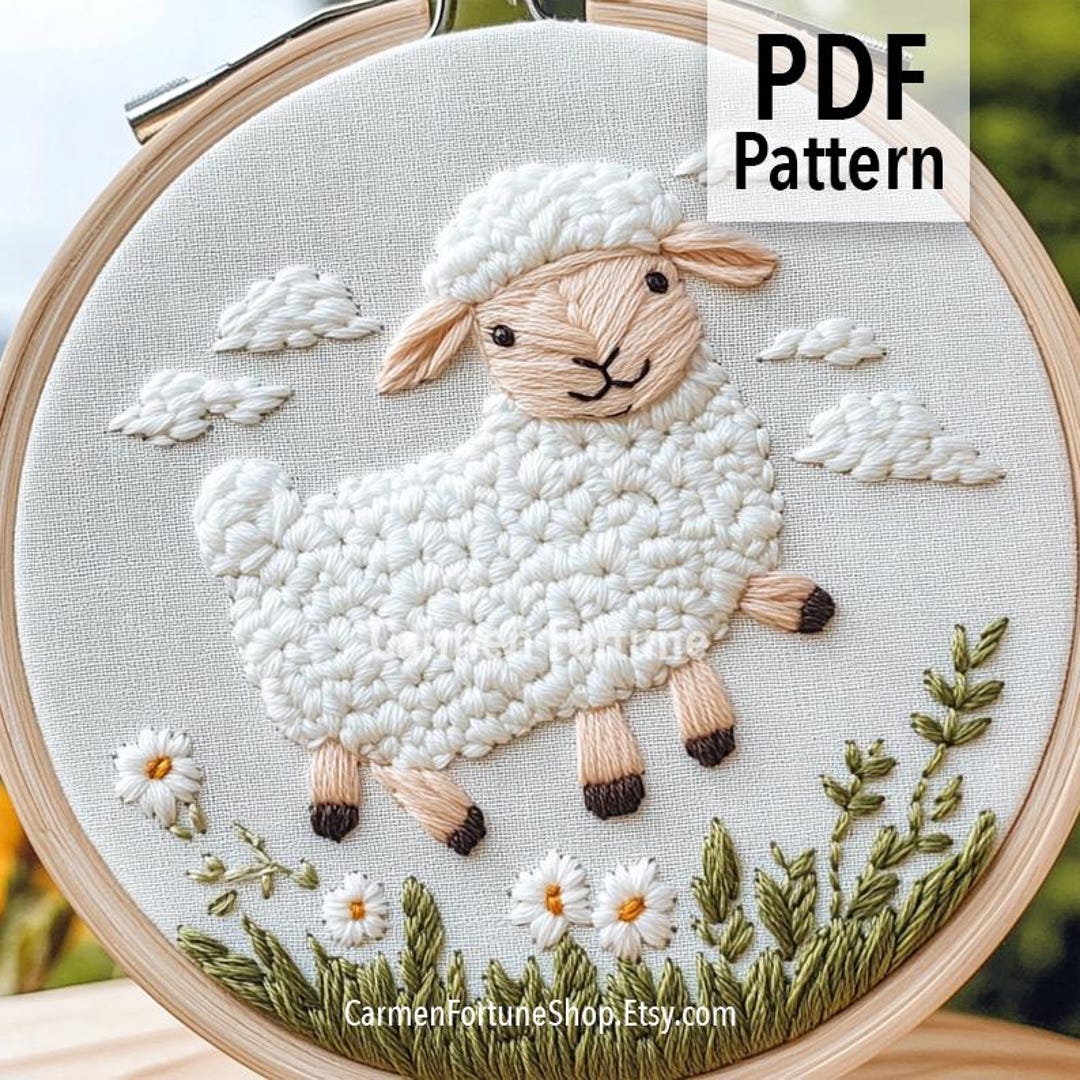 羊の手刺繍パターンPDF、子羊、花とかわいい農場の動物の刺繍デザイン