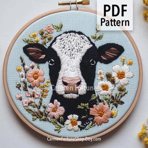 Cow Hand Embroidery Pattern PDF, Farm Animal Embroidery Design with Flowers, Farmhouse Cow Embroidery, DIY Hoop Art, Instant Download