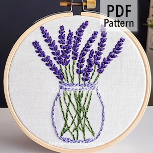 Handstickerei Muster PDF, Lavendel Blumen in Vase Stickdesign, moderne botanische Stickarbeit für Anfänger, Instant Download