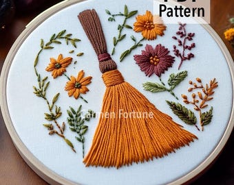 Hand Embroidery Pattern PDF, Halloween Broom Embroidery Design, DIY Spooky Hoop Art for Beginners, Instant Download