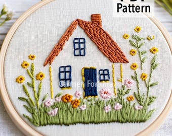 Hand Embroidery Pattern PDF, Cozy Farm with Garden Flowers Embroidery Design, DIY Cottage Hoop Art for Beginners, Instant Download