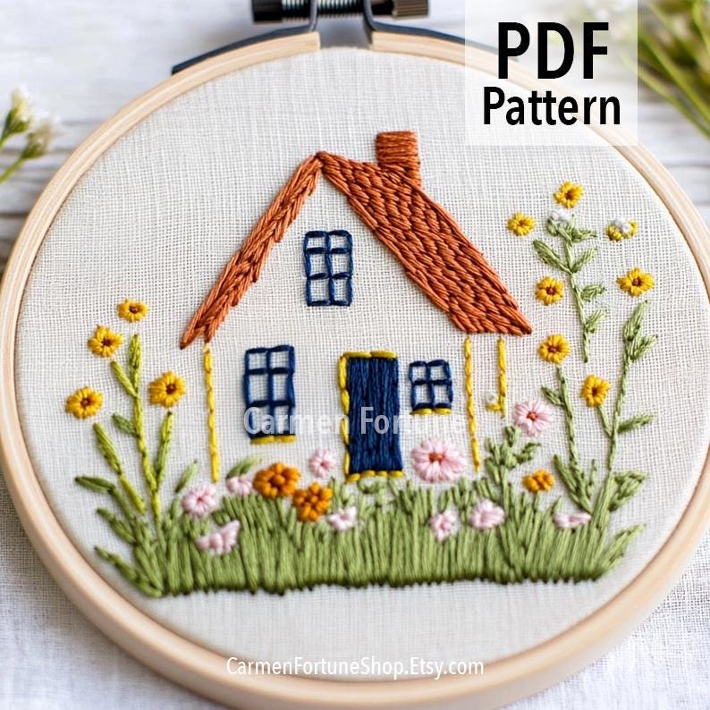 Hand Embroidery Pattern PDF, Cozy Farm With Garden Flowers Embroidery ...
