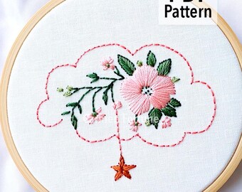 Patrón de bordado a mano con nubes florales: Arte romántico con bastidor (Descarga PDF)