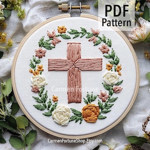 Cross Hand Embroidery Pattern PDF, Christian Hoop Art with Flowers, DIY Religious Embroidery for Beginners, Instant Download