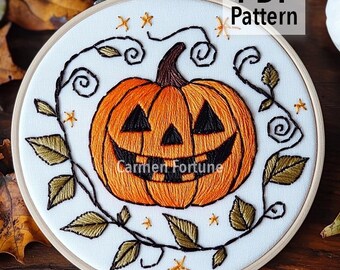 Hand Embroidery Pattern PDF, Halloween Pumpkin Embroidery Design, DIY Spooky Hoop Art for Beginners, Instant Download