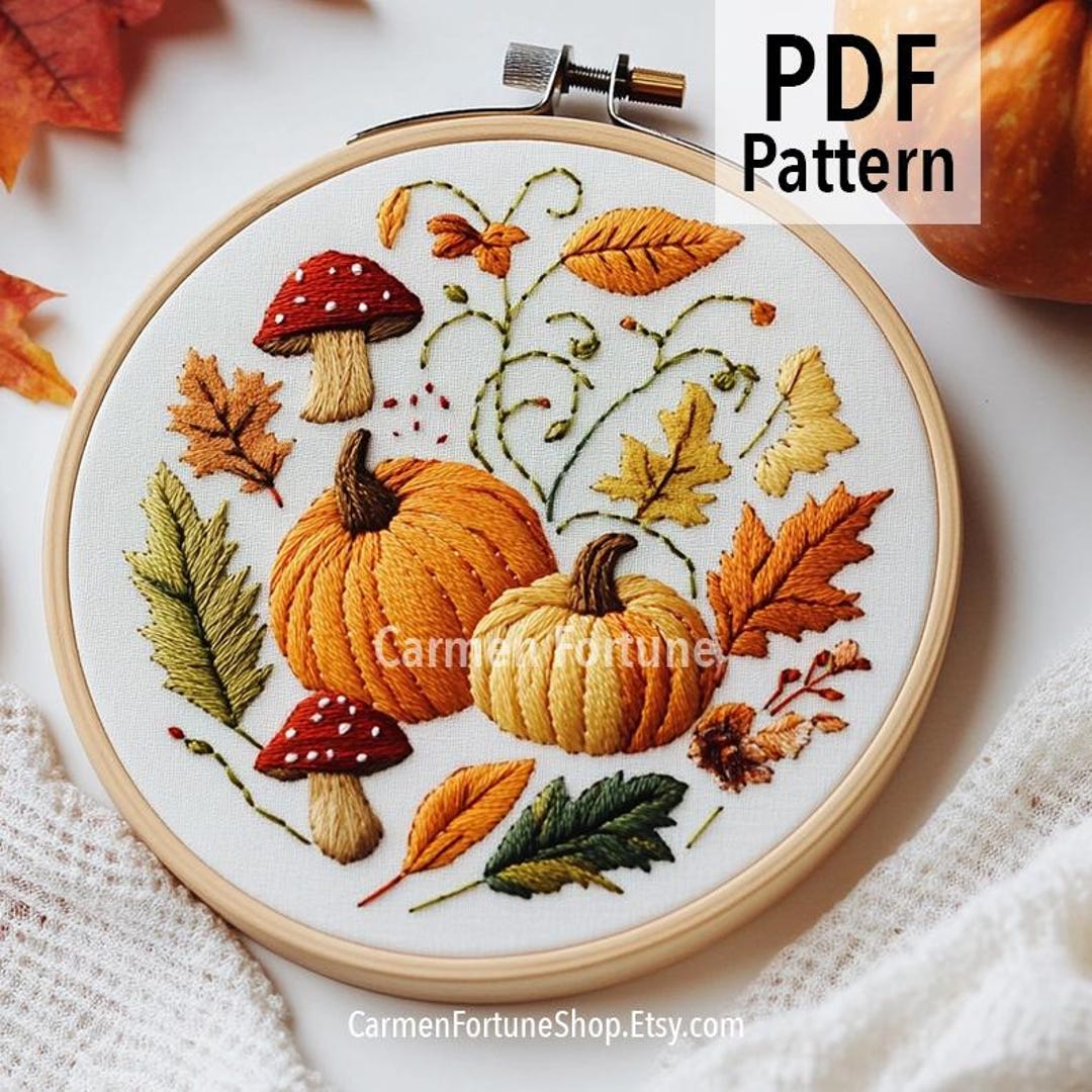 Hand Embroidery Pattern PDF, Autumn Pumpkins With Mushrooms and Leaves ...