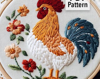 Rooster Hand Embroidery Pattern PDF, Farm Chicken Embroidery Design with Flowers, Rustic DIY hoop, Hoop Art for Beginners, Instant Download