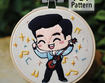 Hand Embroidery Pattern PDF, Retro Rock and Roll Singer with Guitar, 50s Music Legend Hoop Art, DIY Vintage Stitch Project