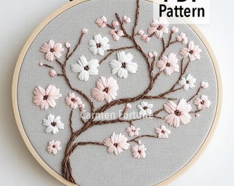 Hand Embroidery Pattern PDF, Cherry Blossom Embroidery Design with Pink Flowers, DIY Botanical Hoop Art, Modern Floral, Instant Download