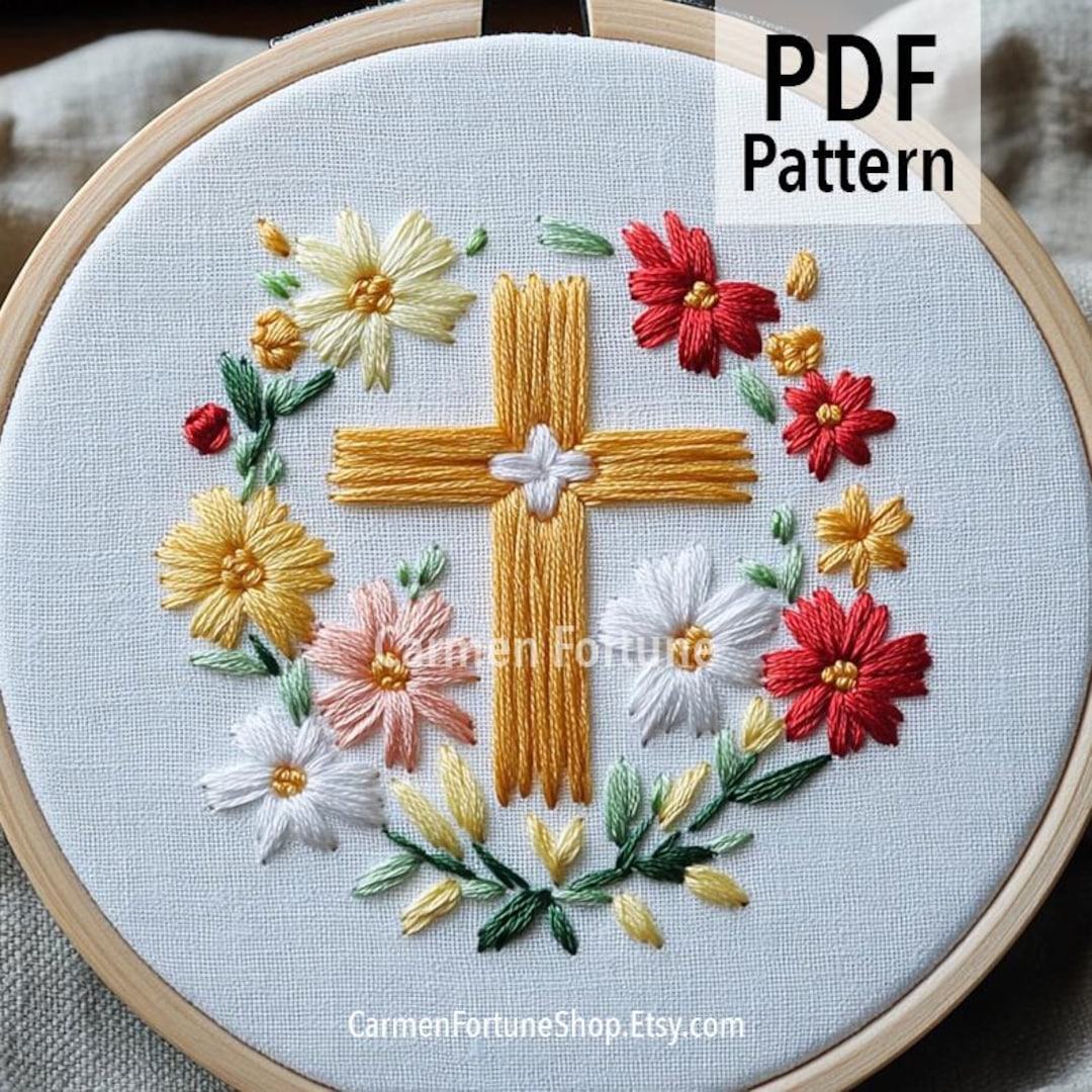 Cross Hand Embroidery Pattern PDF, Christian Hoop Art With Flowers, DIY ...