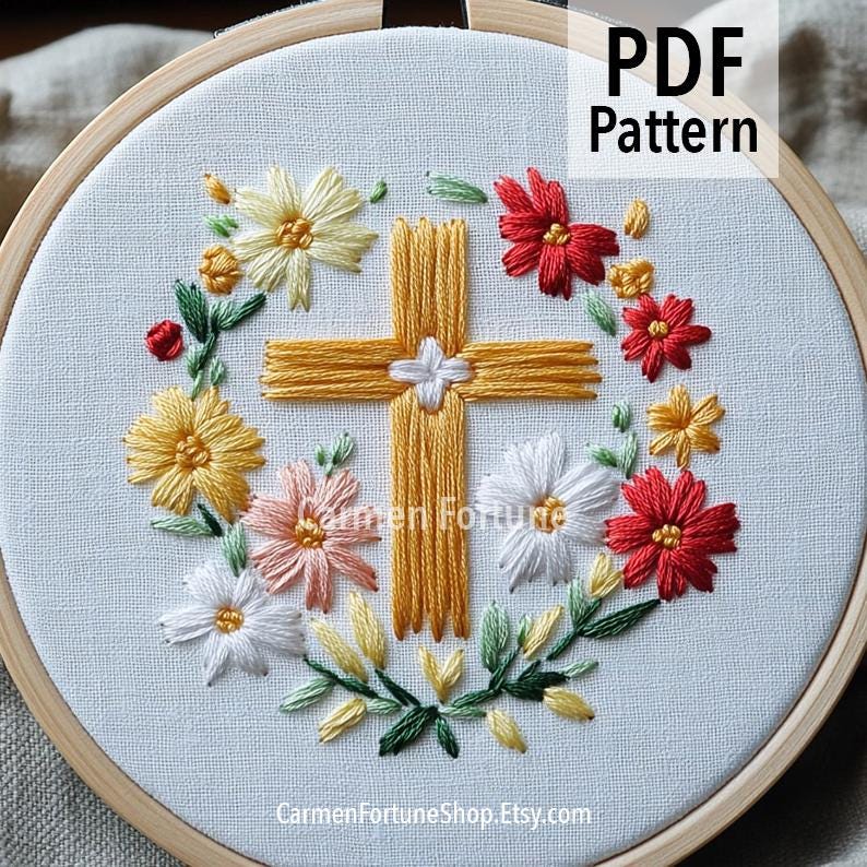 クロスハンド刺繍パターンPDF、花を使ったキリスト教のフープアート