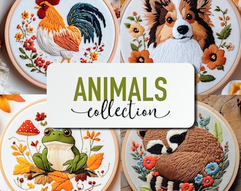 ANIMALS BUNDLE + 150 Patterns, Cute Animals Embroidery Designs, Hand Embroidery Patterns, Hand Embroidery PDF, Lifetime Access