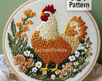 Hen Hand Embroidery Pattern PDF, Farm Chicken Embroidery with Flowers, Farmhouse Chicken Hoop, DIY Hoop Art for Beginners, Instant Download