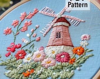 Hand Embroidery Pattern PDF, Windmill and Flower Garden Embroidery Design, DIY Landscape Hoop Art for Beginners, Instant Download