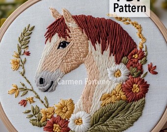 馬の手刺繍パターン：花柄動物デザイン、PDFパターン（即時