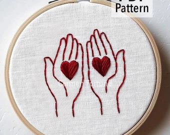 Hand Embroidery Pattern PDF, Valentine Hands with Hearts, Romantic Love Hoop Art for Beginners, DIY Embroidery Design, Instant Download