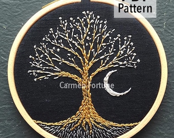 Hand Embroidery Pattern, Golden Cherry Blossom Tree with Crescent Moon, Celestial Floral Embroidery Design, DIY Hoop Art, Instant Download