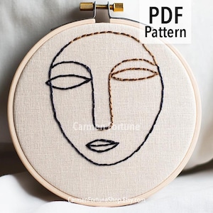 Hand Embroidery Pattern PDF, Minimalist Line Art Face Embroidery Design, Abstract Modern Hoop Art with Leaves, DIY Pattern Instant Download