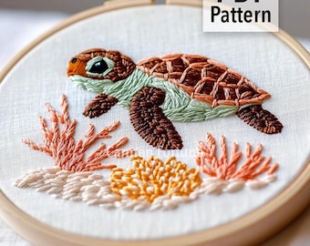 Sea Turtle Hand Embroidery Pattern PDF, Summer Ocean Animal Hoop Art, DIY Coastal Embroidery for Beginners, Instant Download