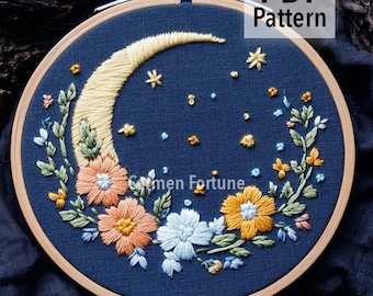 Hand Embroidery Pattern PDF, Crescent Moon with Flowers, Celestial Floral Embroidery Design, DIY Hoop Art For Beginners, Instant Download