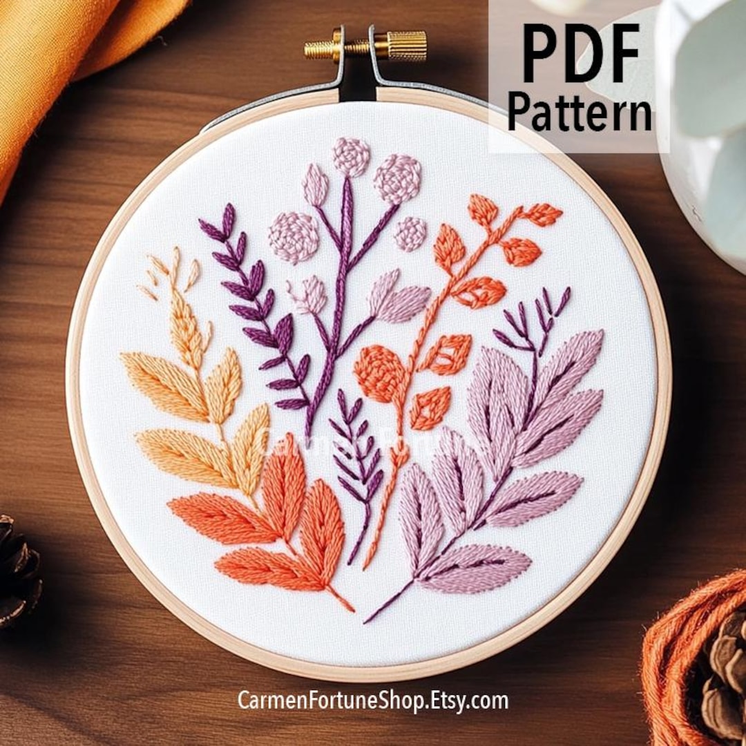 Hand Embroidery Pattern PDF, Floral Wreath With Autumn Leaves and ...