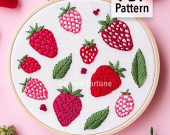 Padrão de bordado à mão em PDF, design de bordado de morangos de verão com folhas, arte de bastidor faça você mesmo para iniciantes, download instantâneo