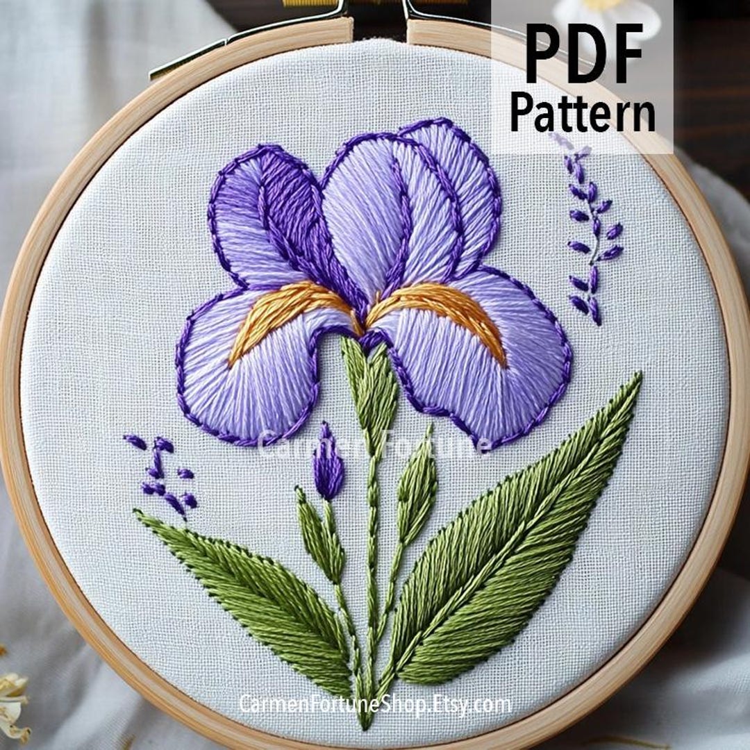 Hand Embroidery Pattern PDF, Purple Iris Flower Embroidery Design, DIY ...