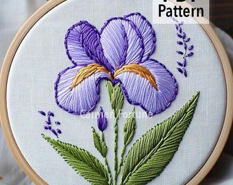 Handbroderimönster PDF, broderidesign med lila irisblomma, DIY botanisk ringkonst för nybörjare, modern blommig, omedelbar nedladdning