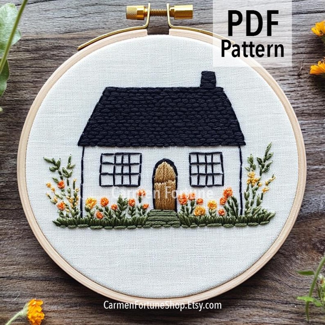 Simple Hand Embroidery Pattern PDF, Cozy Cottage With Flowers ...