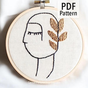Hand Embroidery Pattern PDF, Minimalist Line Art Face Embroidery Design, Abstract Modern Hoop Art with Leaves, DIY Pattern Instant Download