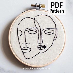 Hand Embroidery Pattern PDF, Minimalist Line Art Faces Embroidery Design, Abstract Modern Hoop Art with Leaves, DIY Pattern Instant Download