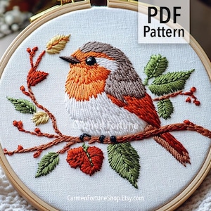 Robin Bird Hand Embroidery Pattern PDF, Bird Embroidery Design with Autumn Leaves, DIY Hoop Art for Beginners, Instant Download