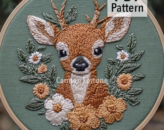 Deer Hand Embroidery Pattern PDF, Woodland Animal Embroidery Design with Flowers, DIY Hoop Art for Beginners, Instant Download