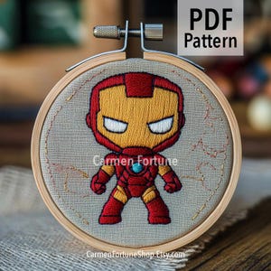 Embroidery pattern PDF, red yellow armored hero chibi style, DIY hoop art project for beginners, geeky room decor, instant download PDF file