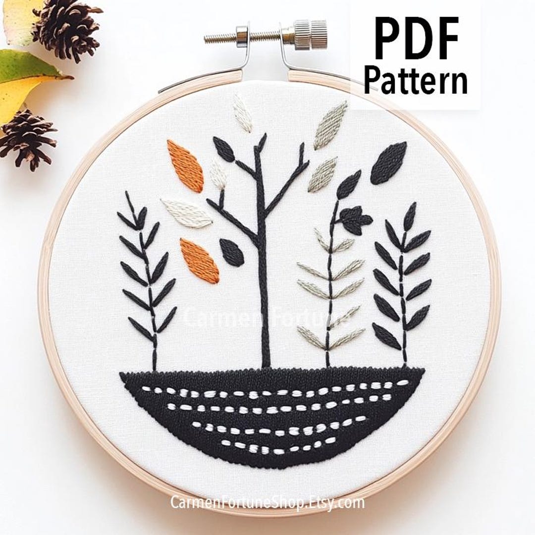 Hand Embroidery Pattern PDF, Autumn Tree and Leaves Embroidery Design ...