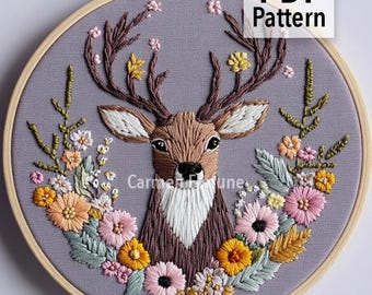 Deer Hand Embroidery Pattern PDF, Woodland Animal Embroidery Design with Flowers, DIY Hoop Art for Beginners, Instant Download